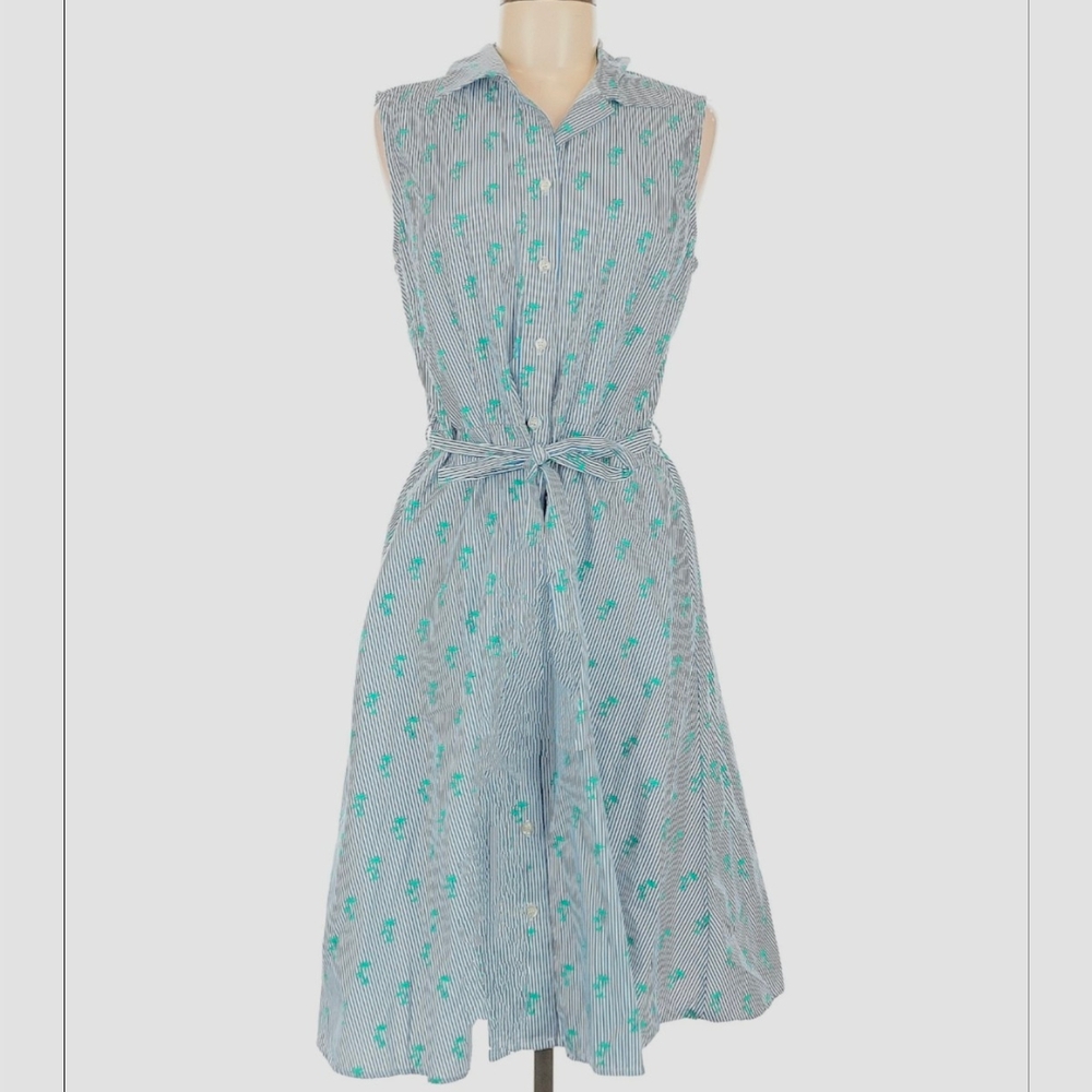 CHLOE+RENE Dress Blue Stripe Green Palm Trees Sleeveless